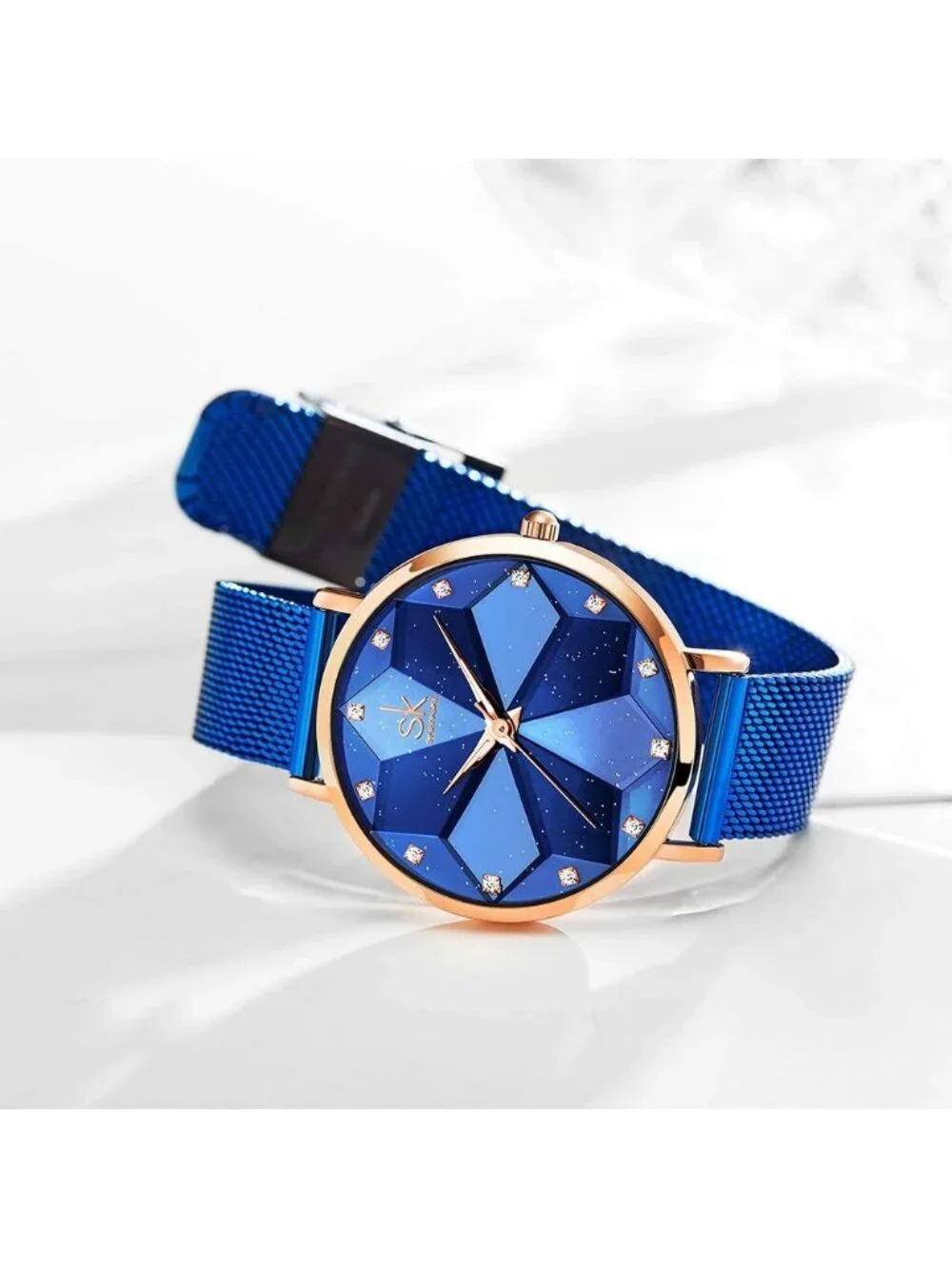 Women's Blue Minimalist Creative Starry Sky Stainless Steel Mesh Band Wristwatch